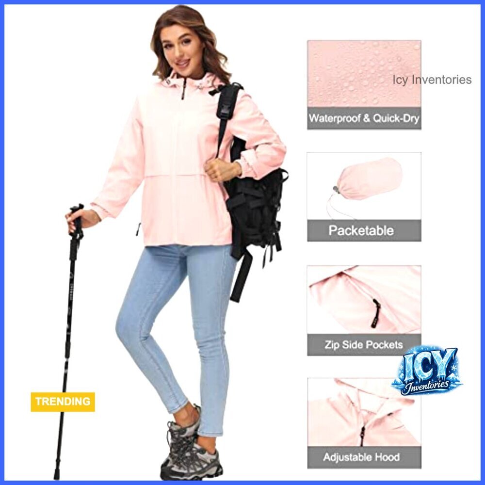 Waterproof Rain Jacket Lightweight Packable Hooded Windbreaker Polyester - Picture 4 of 7